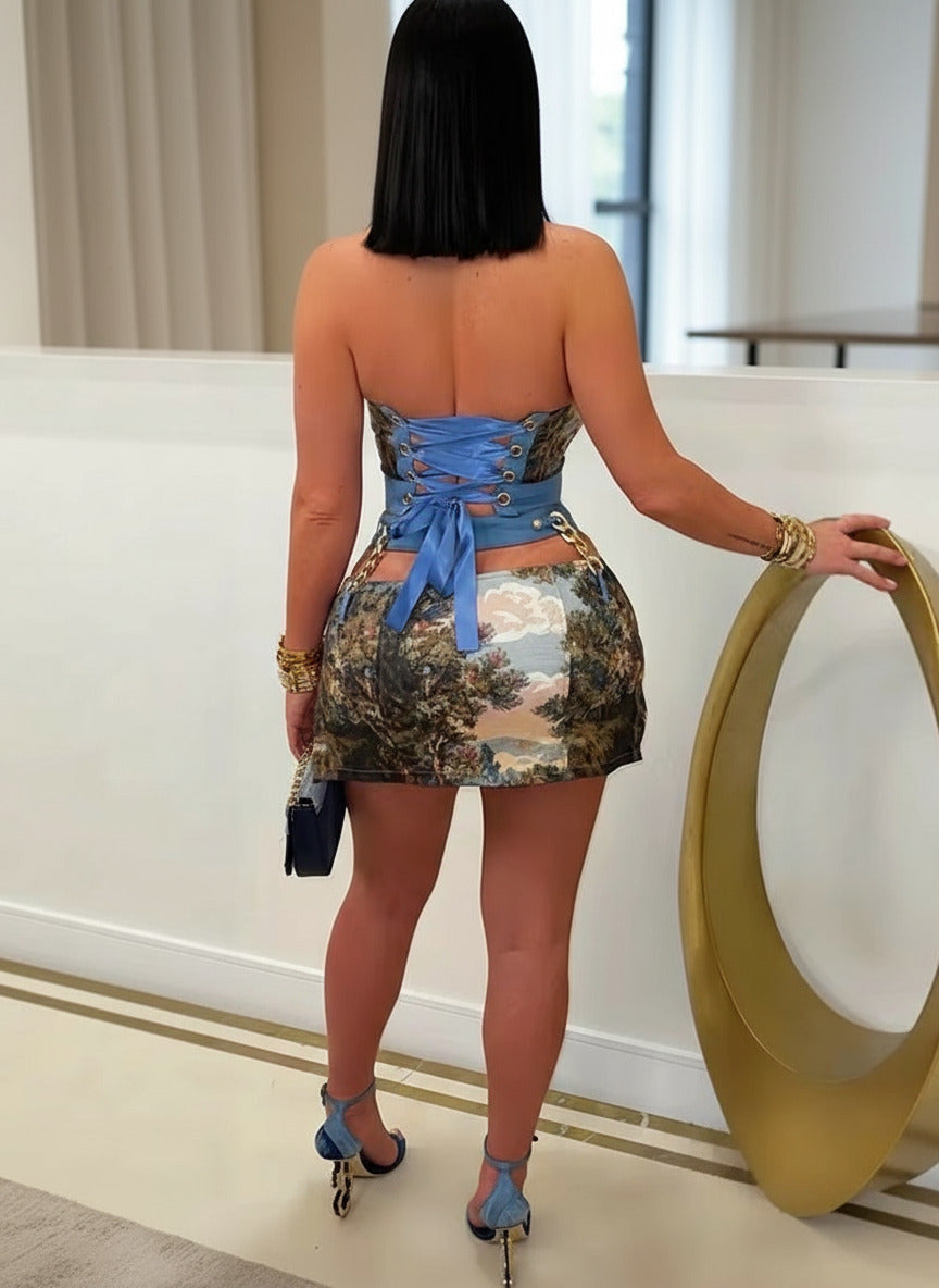 Elegant Lace-Back Printed Beach Two-Piece Dress Women Sets Chic Hollow Out Metal Chains Corset Tops and Skirt Outfits