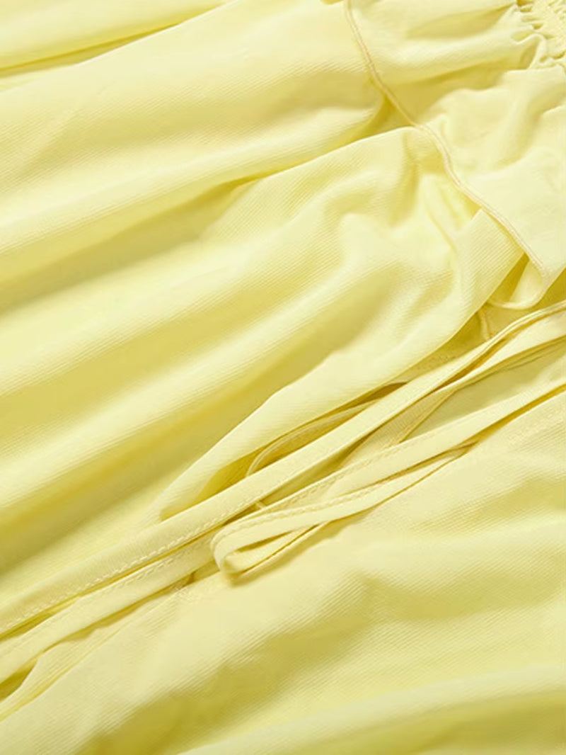 Girls Sweet Sunshine Ruffled Mini Dress Yellow Holiday Outfits Elegant off Shoulder Lace-Up Ruched Party Dress Clubwear