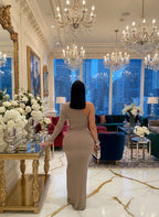 Beautiful One Sleeve Cut-Out Metal Tirm Long Maxi Dress for Women Glam Solid Color Slim Party Dress Chirstmas Outfits