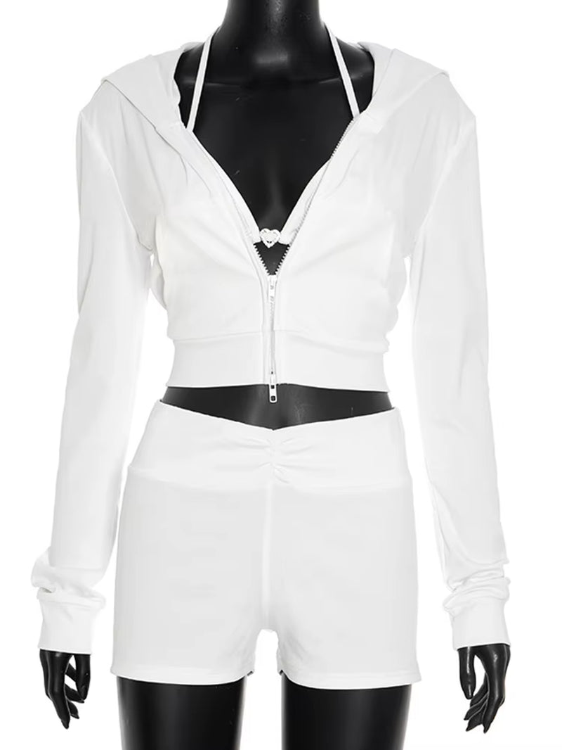 Womens Hoodied Tracksuits Set 3 Piece Outfits Sporty Heart Bra Top and Matching Shorts Set Fitness Lounge Set Overalls