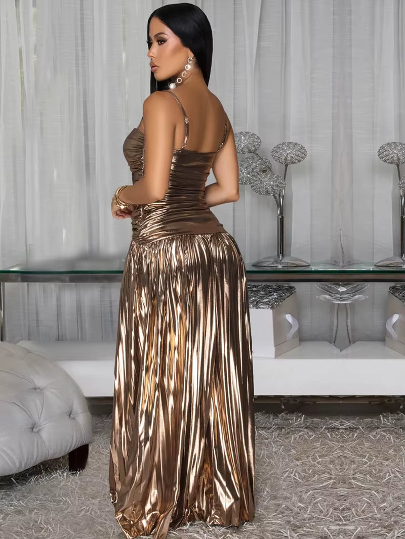 Luxury Birthday Outfits Sparkle Rose Gold Foil Pleated Maxi Dress Shiny Strappy Metallic Leather Ruched Party Dresses