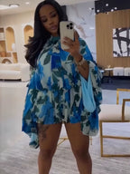 Luxury Girl Tropical Print Oversize Rcuhed Blouse and Matching Shorts Set 2 Piece Holiday Outfits Beach Set Streetwear