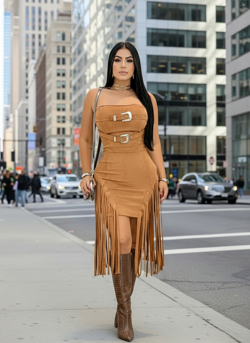 Luxury Birthday Dress Woman Glam off Shoulder Buckle Fringed Suede Midi Dress Chirstmas Outfits Night Clubwear Vestidos