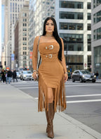 Luxury Birthday Dress Woman Glam off Shoulder Buckle Fringed Suede Midi Dress Chirstmas Outfits Night Clubwear Vestidos