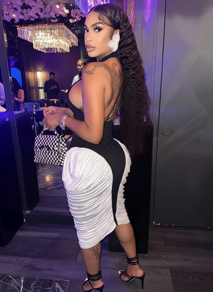 Two-Tone Masterpiece Women'S Halter Neck Ruched Midi Dress Elegant Female Patchwork Night Out Dress Clubwear Vestidos