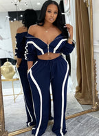 Womens Striped Patchwork Contrast Color Zippers Cropped Jacket+Wide Legs Pants Set Sporty Jogger Suits Set Overalls