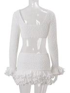 Elegant Long Sleeve Ruffle Solid Crop Top and Matching Set Holiday Outfits Chic Womens Pleated Lace Two-Piece Dress Set