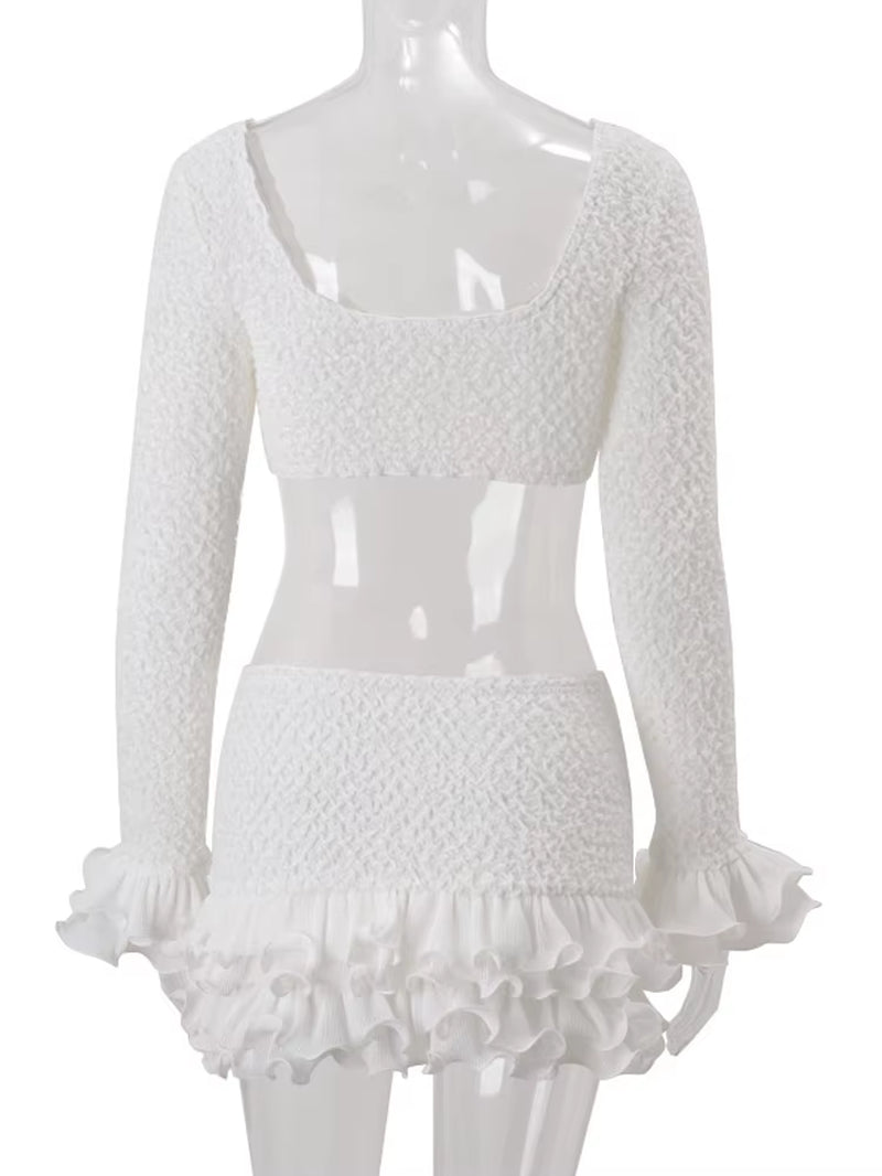 Elegant Long Sleeve Ruffle Solid Crop Top and Matching Set Holiday Outfits Chic Womens Pleated Lace Two-Piece Dress Set