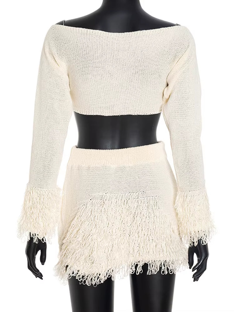 Beautiful Knitted Tassel Fringed Crop Top and Skirt Set Holiday Outfits Womens Furry Sweater Tracksuits Set Beach Wear