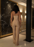 Combinaison glamour palazzo une pièce à épaules dénudées avec découpes métalliques – combishort élégant sans bretelles pour soirée, tenue de club et sorties nocturnes