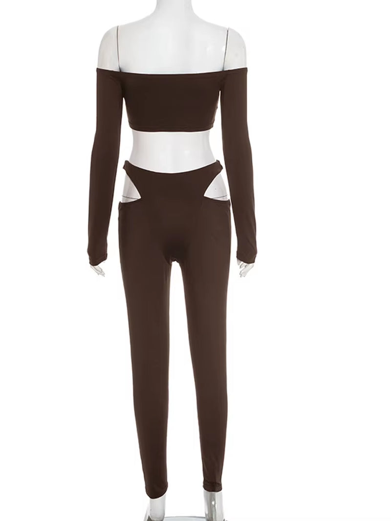 Womens off Shoulder Crop Top and Cut-Out Legging Suits Set 2 Piece Outfits Night Out Set Sporty Overalls Sexy Clubwear