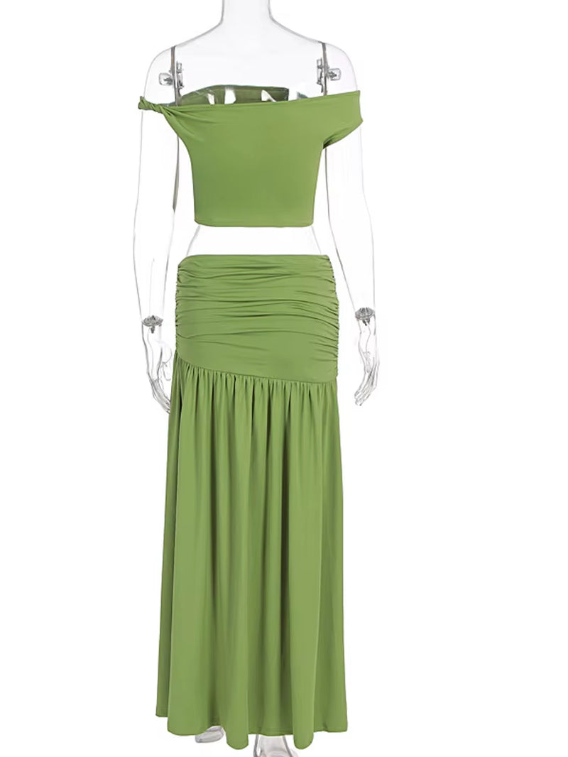 Luxury Green Gold Broach Top & Maxi Skirt Set Two-Piece Dress Holiday Outfits Women High Slit Ruched Metal Bubble Dress