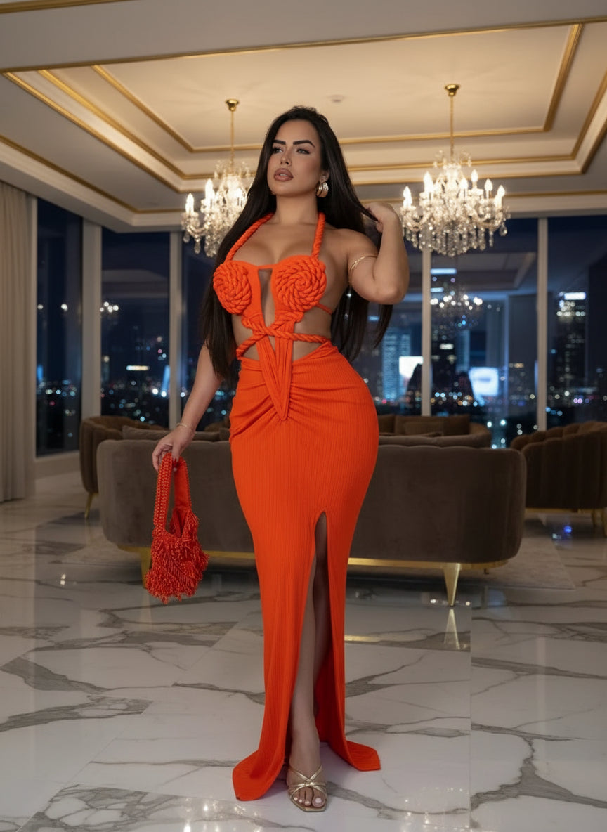 Women'S Cut-Out Ruched Maxi Dress Orange Sexy Halter Neck Backless High Slit Bandage Party Dresses Birthday Outfits