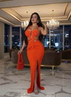 Women'S Cut-Out Ruched Maxi Dress Orange Sexy Halter Neck Backless High Slit Bandage Party Dresses Birthday Outfits