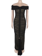 Luxe Goddess Ruched Mesh Maxi Dress Elegant Women'S off Shoulder Pleated Bandage Beach Vacation Dress Holiday Outfits