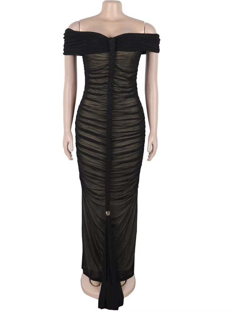 Luxe Goddess Ruched Mesh Maxi Dress Elegant Women'S off Shoulder Pleated Bandage Beach Vacation Dress Holiday Outfits