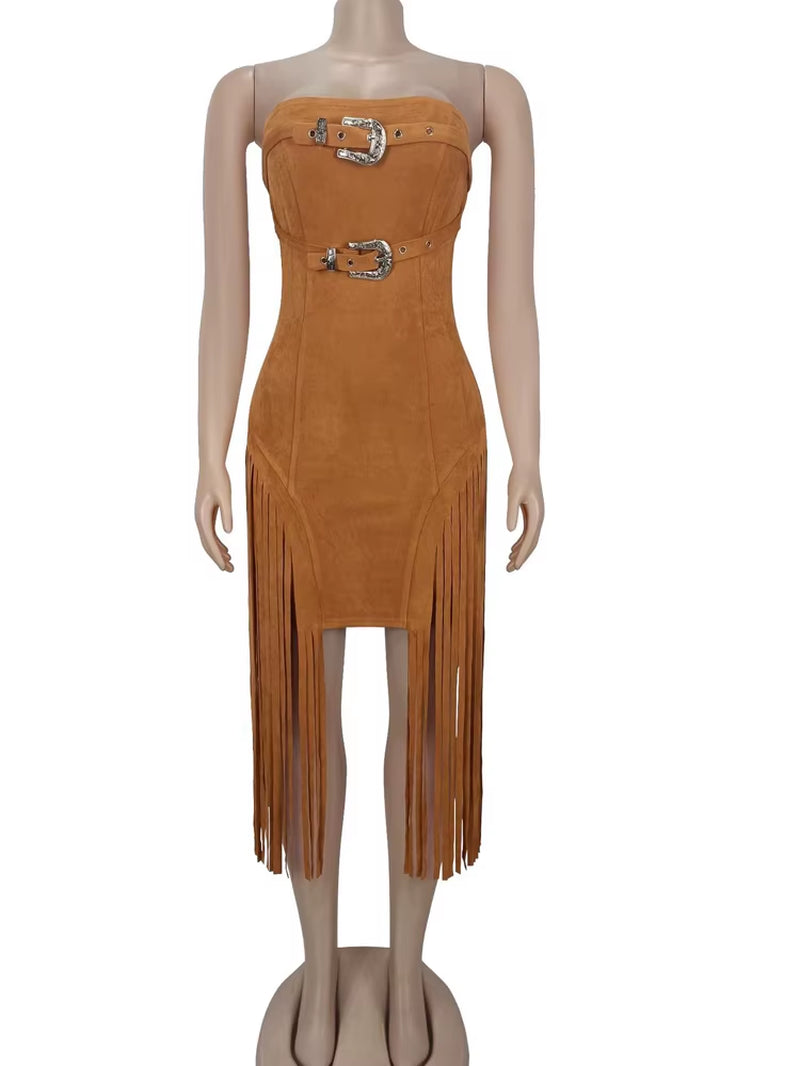 Luxury Birthday Dress Woman Glam off Shoulder Buckle Fringed Suede Midi Dress Chirstmas Outfits Night Clubwear Vestidos