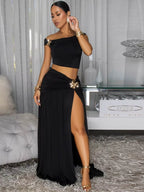Luxury Green Gold Broach Top & Maxi Skirt Set Two-Piece Dress Holiday Outfits Women High Slit Ruched Metal Bubble Dress