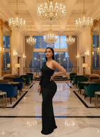 Beautiful One Sleeve Cut-Out Metal Tirm Long Maxi Dress for Women Glam Solid Color Slim Party Dress Chirstmas Outfits