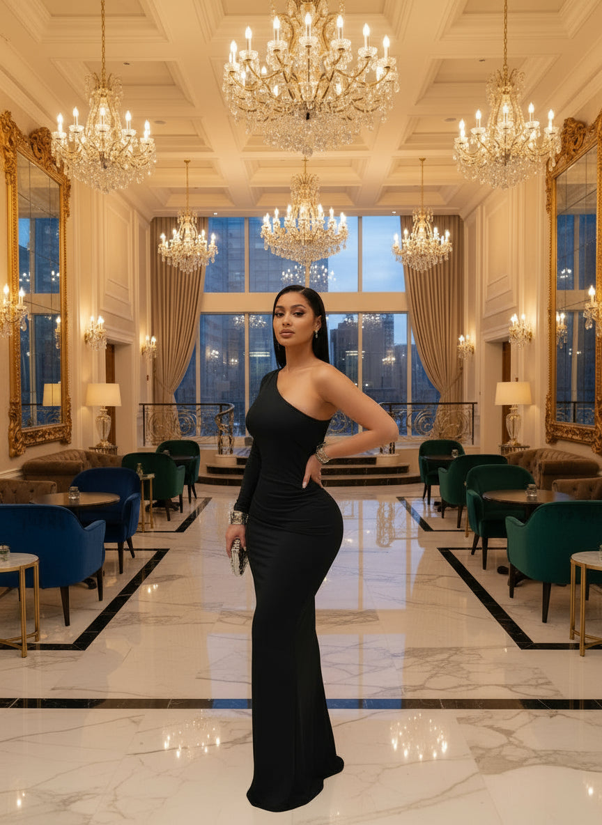 Beautiful One Sleeve Cut-Out Metal Tirm Long Maxi Dress for Women Glam Solid Color Slim Party Dress Chirstmas Outfits