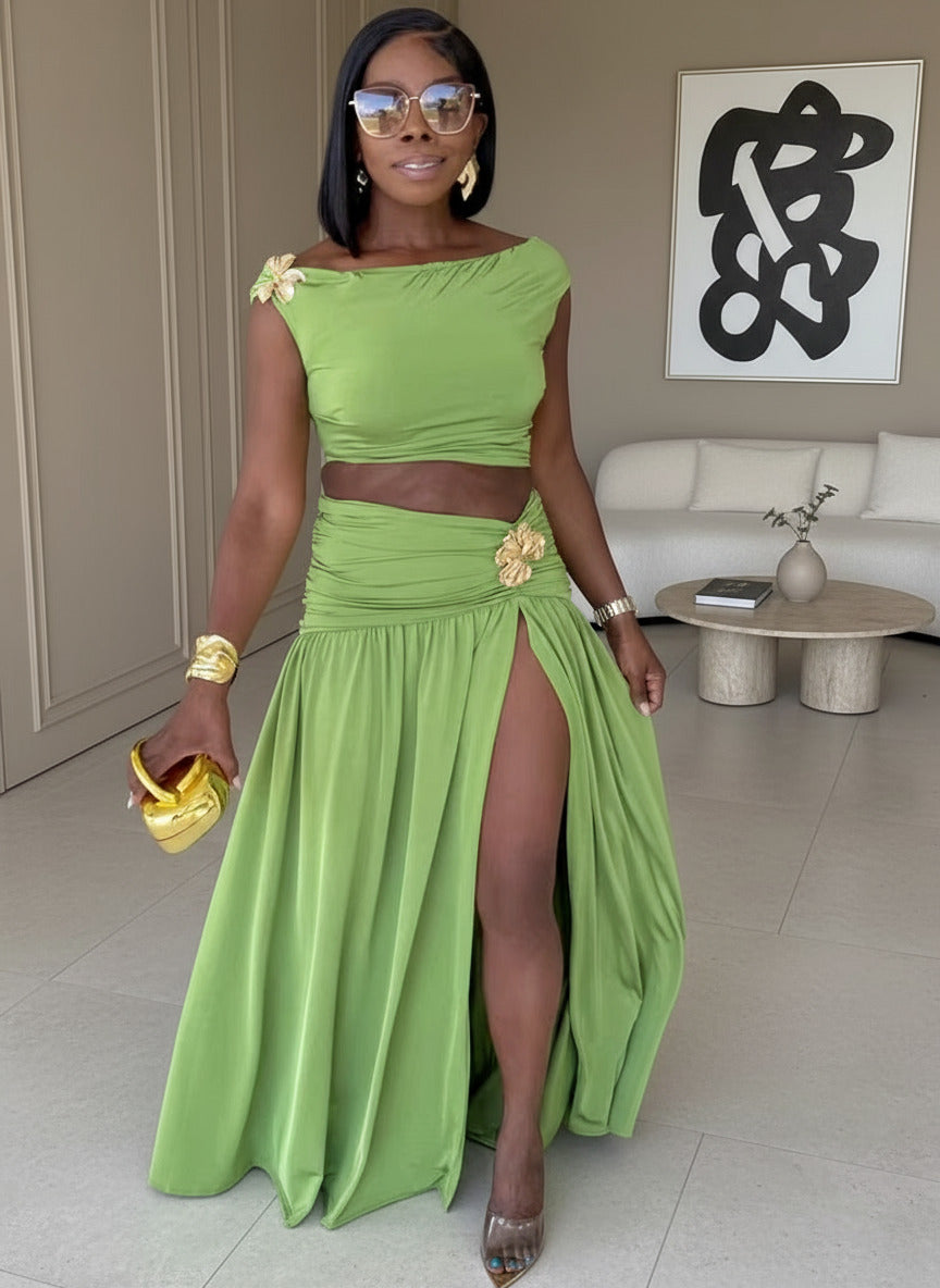 Luxury Green Gold Broach Top & Maxi Skirt Set Two-Piece Dress Holiday Outfits Women High Slit Ruched Metal Bubble Dress