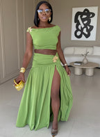 Luxury Green Gold Broach Top & Maxi Skirt Set Two-Piece Dress Holiday Outfits Women High Slit Ruched Metal Bubble Dress