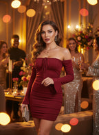 Perfect off Shoulder Long Sleeve Pleated Bodycon Short Dress for Women Lace-Up Ruched Vacation Dress Party Club Vestido