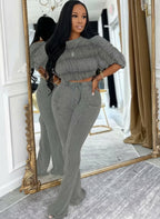 Trendy Ruched Matching Set for Women Pleated Crush Crop Top and Wide Legs Pants Set Evening Out Outfits Night Clubwear