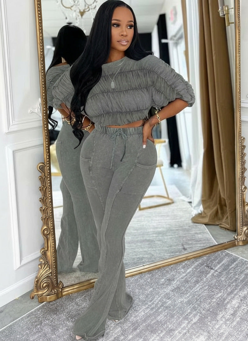 Trendy Ruched Matching Set for Women Pleated Crush Crop Top and Wide Legs Pants Set Evening Out Outfits Night Clubwear