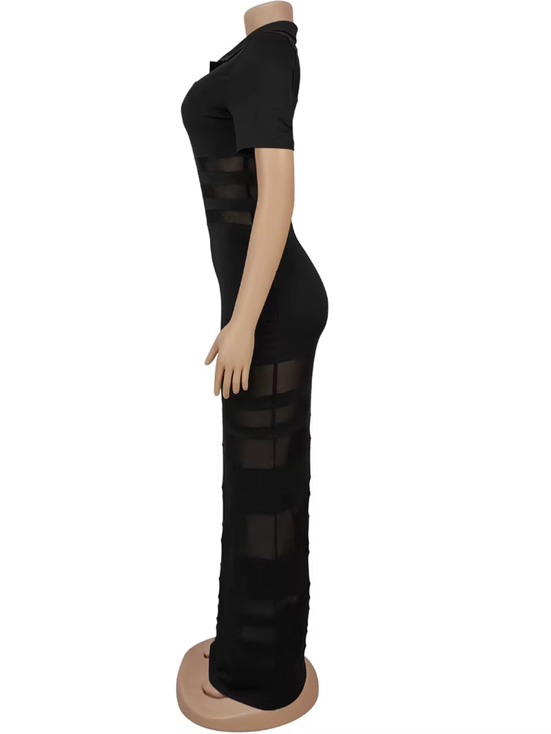 Women'S See-Through Striped Sheer Polo Maxi Dress Sexy Turn-Down Collars Caged Party Dresses Night Out Vestido Clubwear