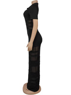 Women'S See-Through Striped Sheer Polo Maxi Dress Sexy Turn-Down Collars Caged Party Dresses Night Out Vestido Clubwear