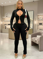 Womens Cut-Out Buckle Long Sleeve Crop Top and Legging Suits Set 2 Piece Outfits Female Night Clubwear Overalls Fitness