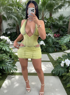 Women'S Green Cut-Out Braided Mini Dress Holiday Outfits Glam Backless Lace-Up Fishnet Beach Dress Clubwear Vestidos