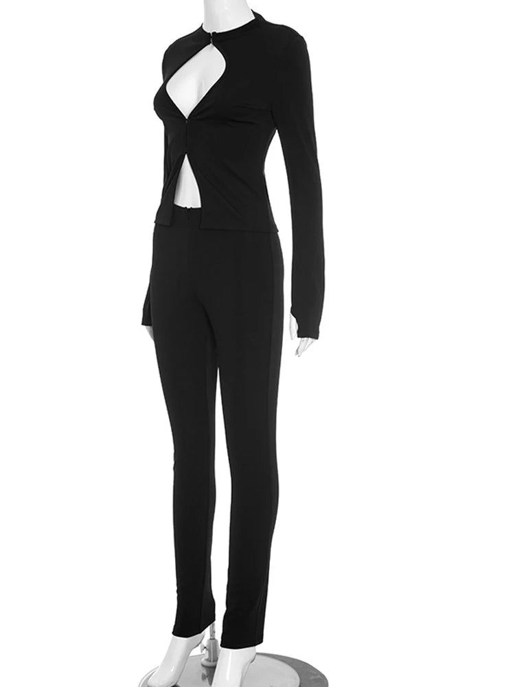 Womens Cut-Out Buckle Long Sleeve Crop Top and Legging Suits Set 2 Piece Outfits Female Night Clubwear Overalls Fitness