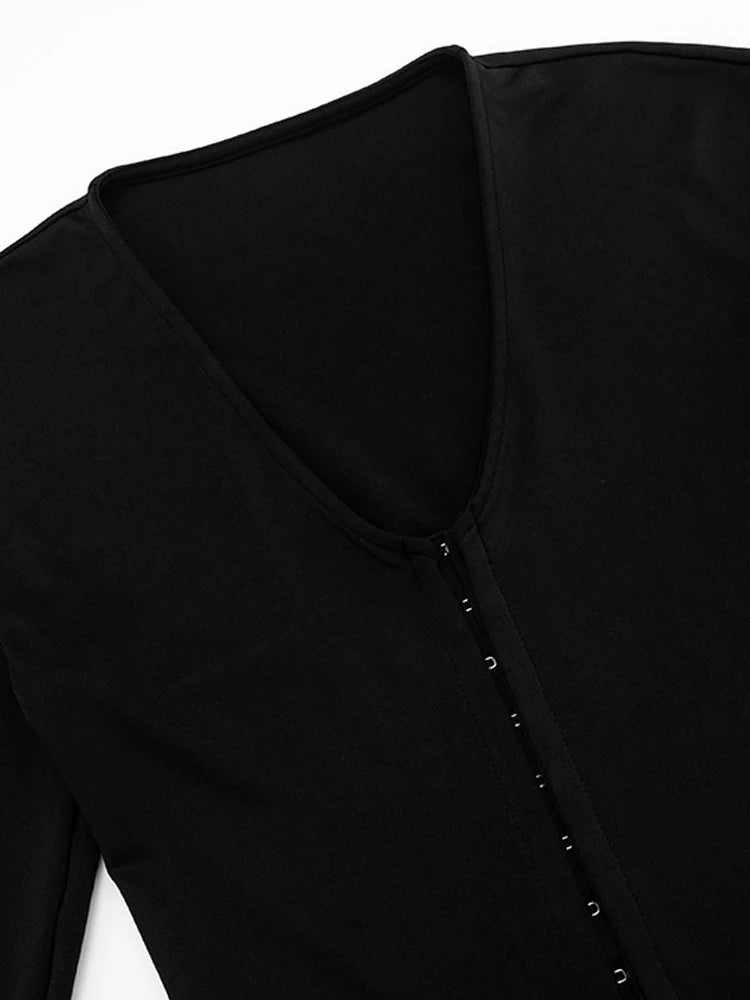 Casual Long Sleeve Hidden Button Knitted Top and Shorts Two-Piece Set Womens Black Buckle Co-Ord Set Night Out Overalls