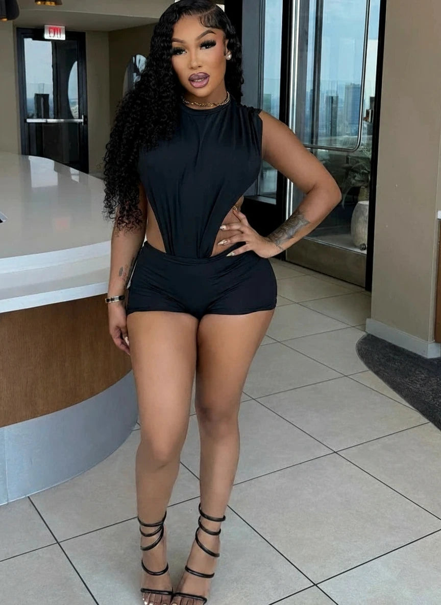 Popular Night Out Set 2 Piece Outfits Womens Solid Bodysuits Top and Matching Shorts Set Female Co-Ord Set Clubwear