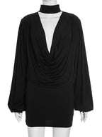 Elegant Choker Neck Cut-Out Draped Dress Set Holiday Outfits Women Hollow Out Ruched Two-Piece Dress Night Out Vestidos