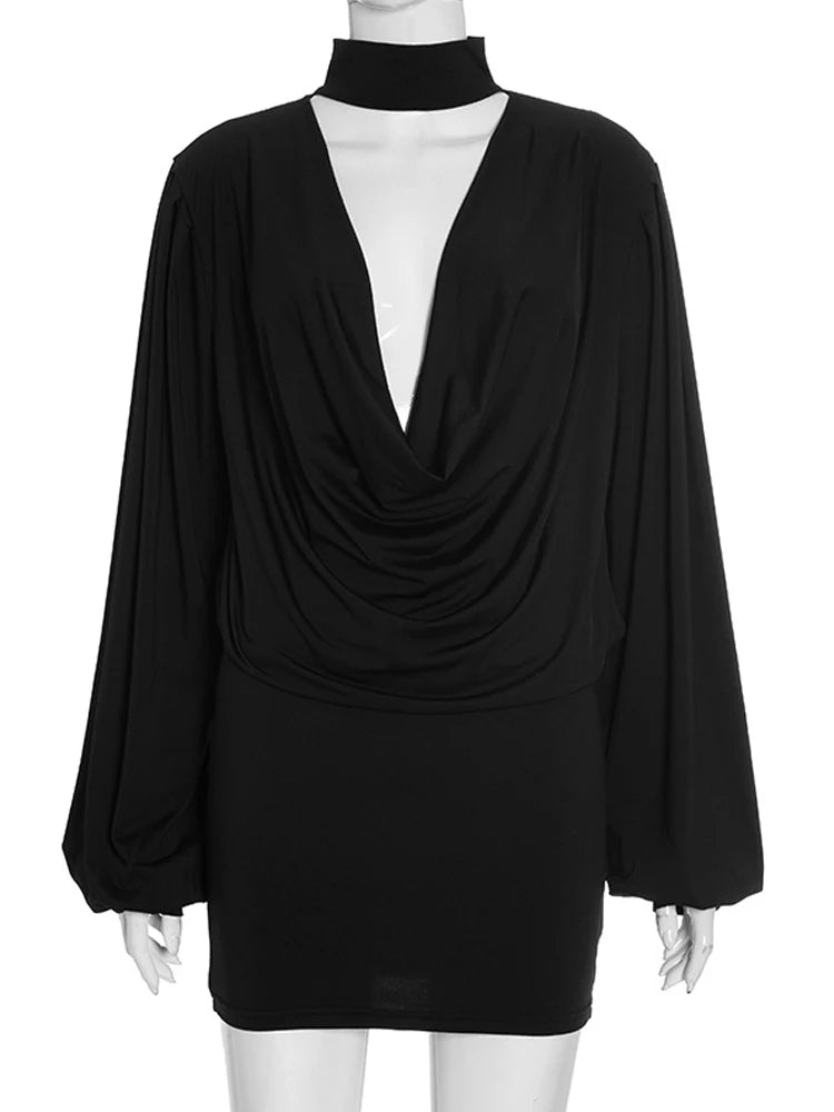 Elegant Choker Neck Cut-Out Draped Dress Set Holiday Outfits Women Hollow Out Ruched Two-Piece Dress Night Out Vestidos