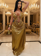 Beautiful Halter V Neck Ruched Leather Maxi Dress Luxury Birthday Dress Women Faux Leather Evening Dress Sexy Clubwear