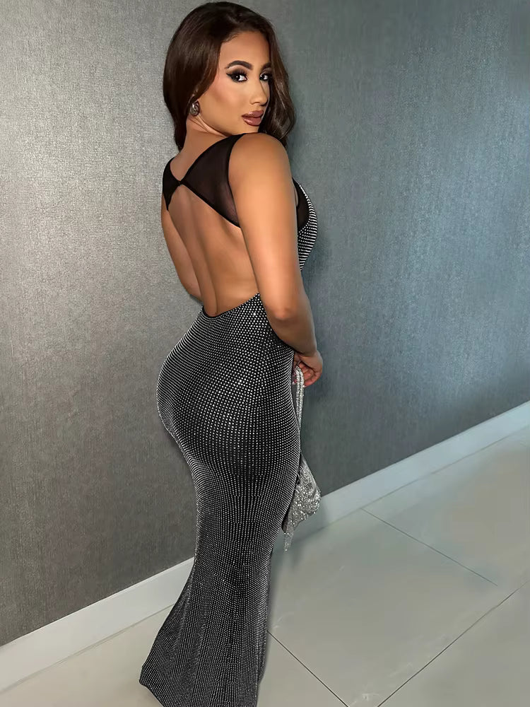 Robe longue glamour – Dos nu et détails strass pour fêtes et soirées