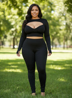 Womens Cut-Out Buckle Long Sleeve Crop Top and Legging Suits Set 2 Piece Outfits Female Night Clubwear Overalls Fitness