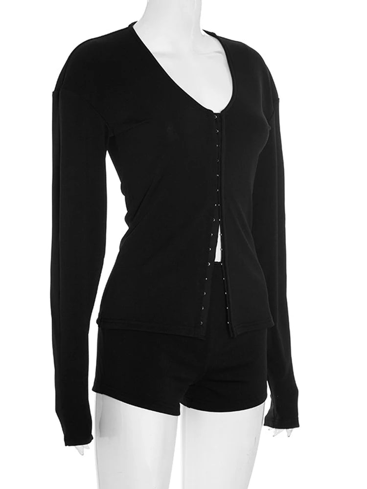 Casual Long Sleeve Hidden Button Knitted Top and Shorts Two-Piece Set Womens Black Buckle Co-Ord Set Night Out Overalls