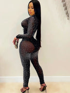 Sparkle Crystal Pants Set Outfits New Autumn See through Rhinestone Studded Crop Top and Legging Set Party Club Wears
