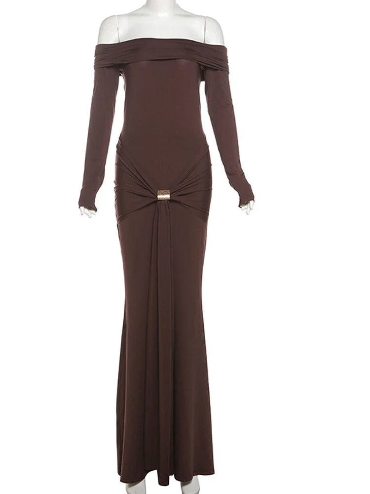 Beautiful Long Sleeve Brown Buckle Draped Waist Long Maxi Dress Gown Chic Womens Sexy off Shoulder Ruched Party Dresses