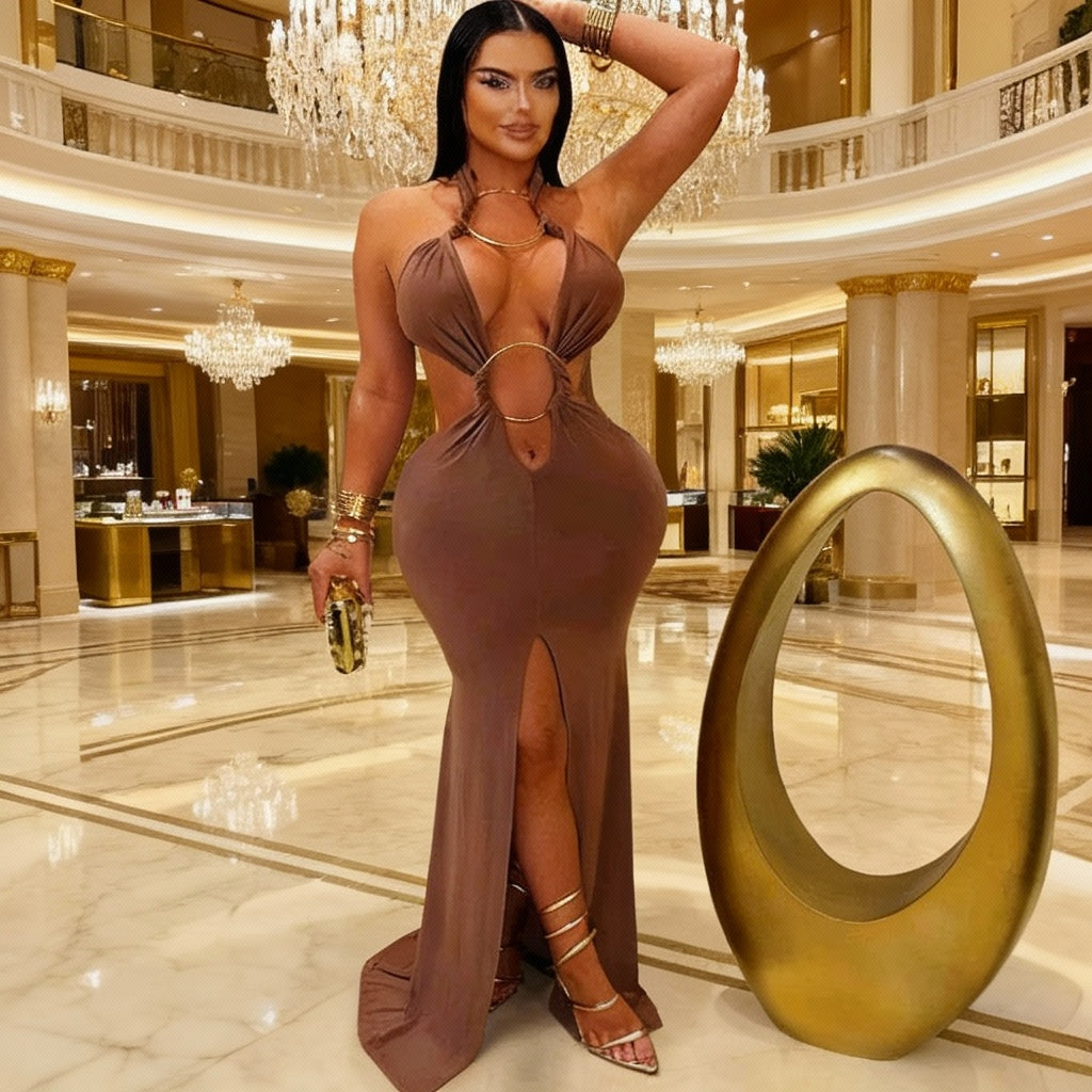 New Chic Halter V Neck O Rings Long Maxi Dress Glam Women Sexy Backless Ruched High Slit Party Dresses Birthday Outfits