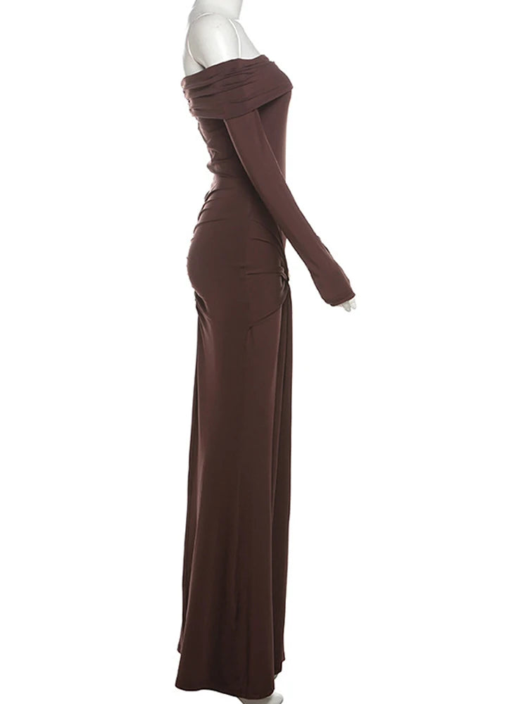 Beautiful Long Sleeve Brown Buckle Draped Waist Long Maxi Dress Gown Chic Womens Sexy off Shoulder Ruched Party Dresses