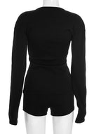 Casual Long Sleeve Hidden Button Knitted Top and Shorts Two-Piece Set Womens Black Buckle Co-Ord Set Night Out Overalls