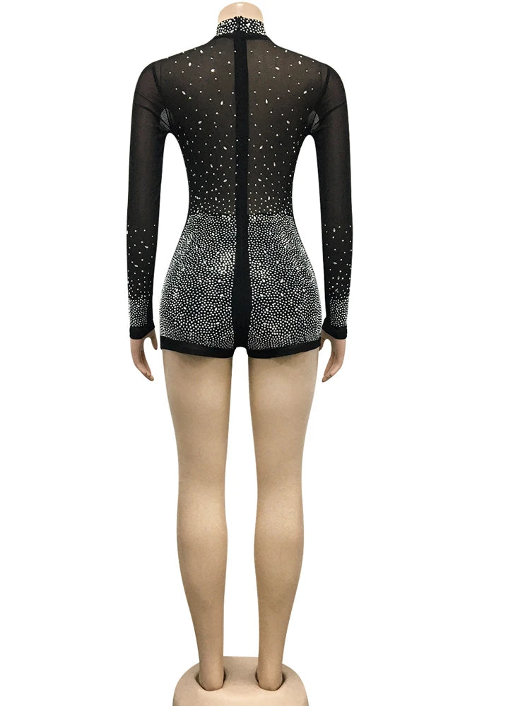 New Chic See through Crystal Romper Summer Sheer Mesh Patchwork Rhinestone Details Short Jumpsuits Birthday Outfits