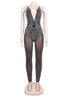 Sparkle Sheer Mesh Crystal Rompers Womens Glam See-Through Rhinestone Long Pants Jumpsuits Nightclub Outfits Clubwear