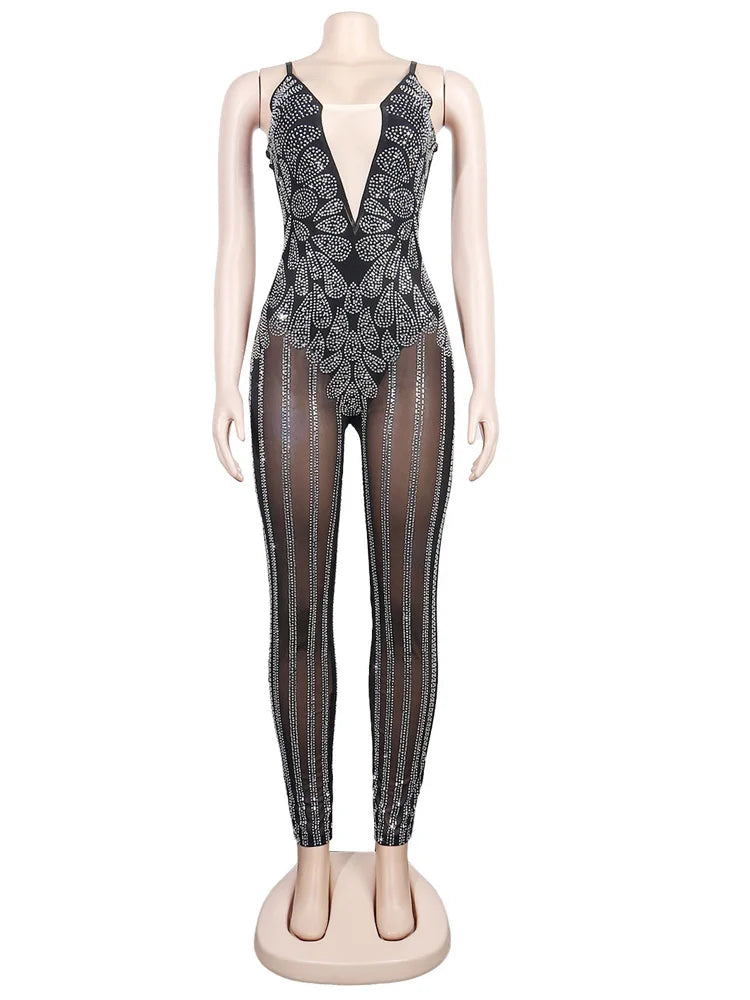 Sparkle Sheer Mesh Crystal Rompers Womens Glam See-Through Rhinestone Long Pants Jumpsuits Nightclub Outfits Clubwear